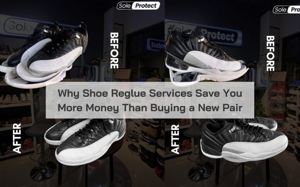 Before and after of sneaker reglue service at SoleProtect, showing fixed sole separation